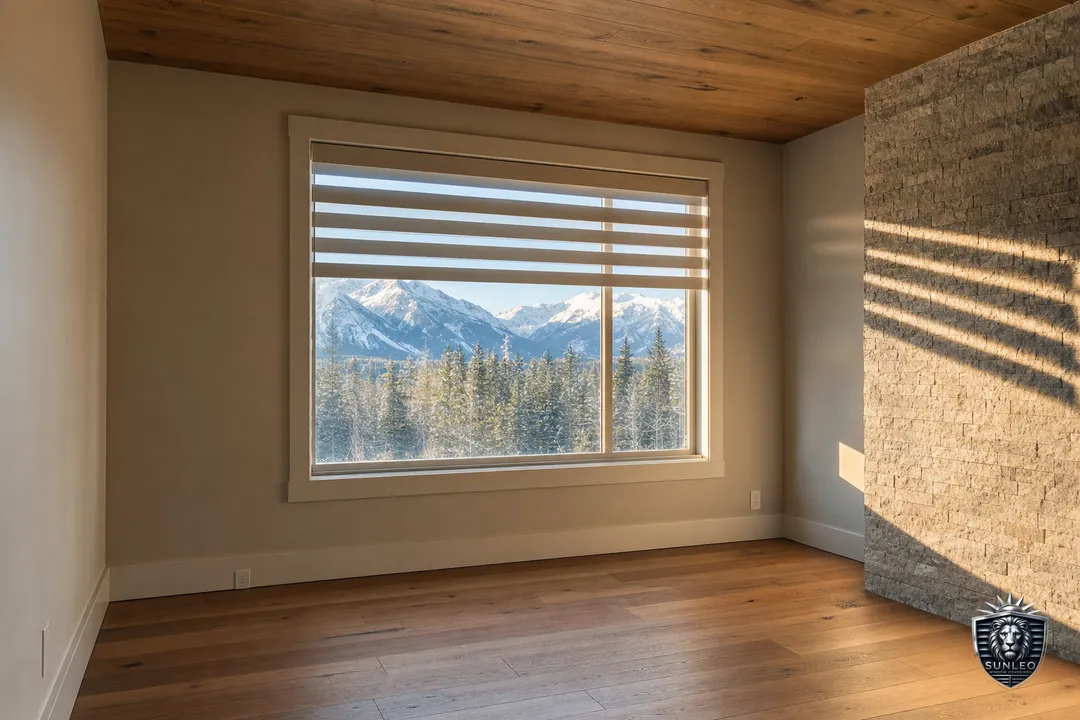 Custom blinds in a luxury Calgary living room with mountain views